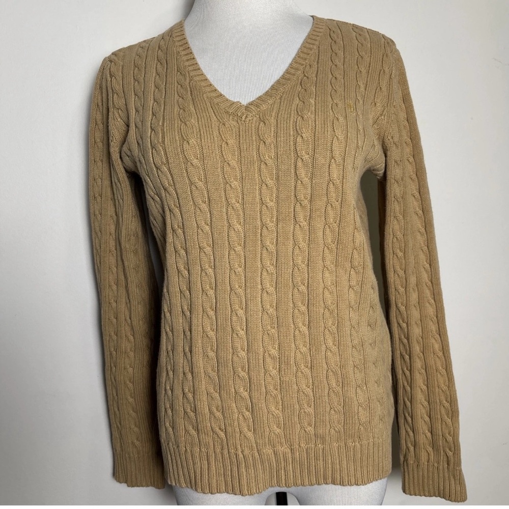 Ralph Lauren Cable Knit V-Neck Sweater - Tan Medium